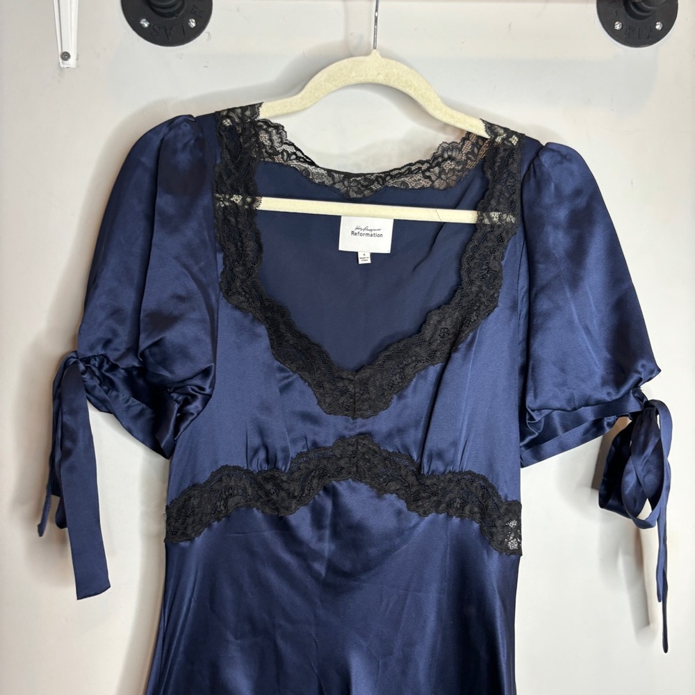Reformation Navy Satin Midi Dress with Black Lace Trim - Picture 5 of 9